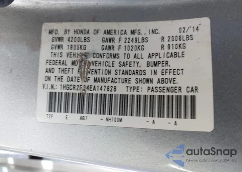 2014 Honda Accord Lx from USA, damaged, VIN 1HGCR2F34EA147828